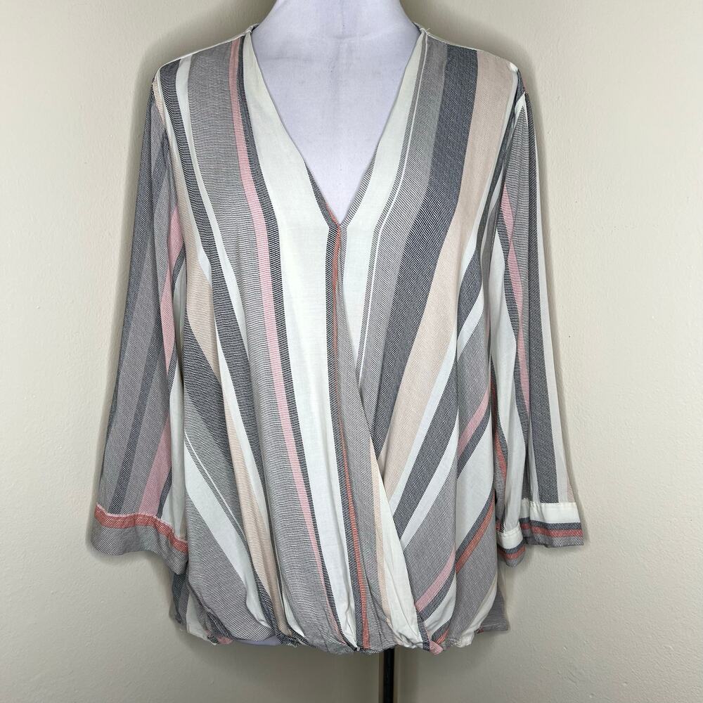 Cynthia Rowley Blouse 3X Plus Size Top Striped Faux Wrap Surplice Work Casual